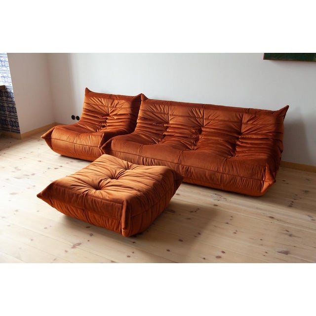 Amber Orange Velvet Togo Lounge Chair with Pouf and 3-Seat Sofa by Michel Ducaroy for Ligne Roset, Set of 3 For Sale - Image 3 of 13