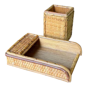 Vintage Mid-Century Modern Burnt Bamboo Wicker Pen and Paper Set - 2 Pieces