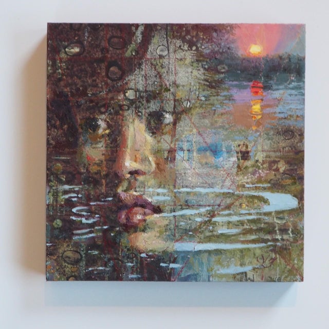This artwork presents a haunting visage that merges seamlessly with a tranquil landscape, creating a poignant sense of...