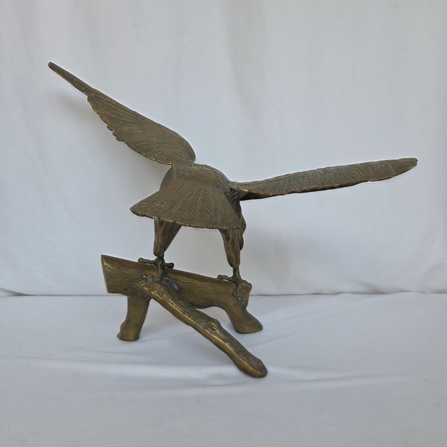 Metal Mid 20th Century Americana Cast Brass Eagle Perched on Branch Sculpture For Sale - Image 7 of 10