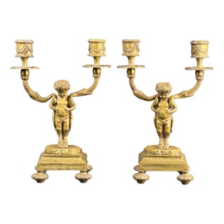 Antique Gilt Bronze Putti Candlesticks from Befos, 1800s, Set of 2 For Sale