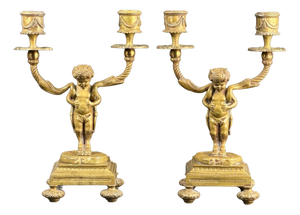 Antique Gilt Bronze Putti Candlesticks from Befos, 1800s, Set of 2