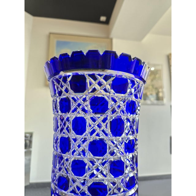 Large Cobalt Blue Cut Crystal Vase from Les Grands Ducs, 1980s For Sale - Image 3 of 12