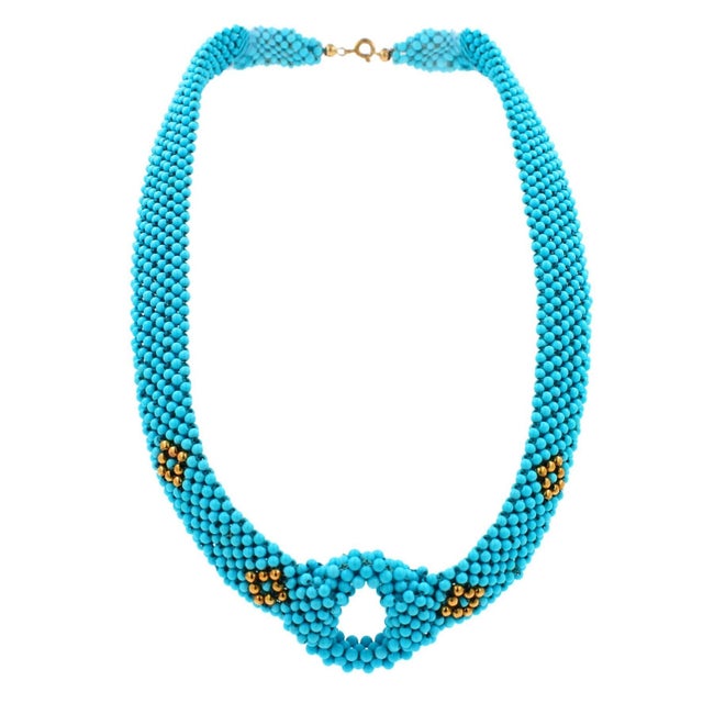 Contemporary Teal Blue Turquoise Round Fancy Beads Unique Choker 14k Gold Statement Necklace For Sale - Image 3 of 10