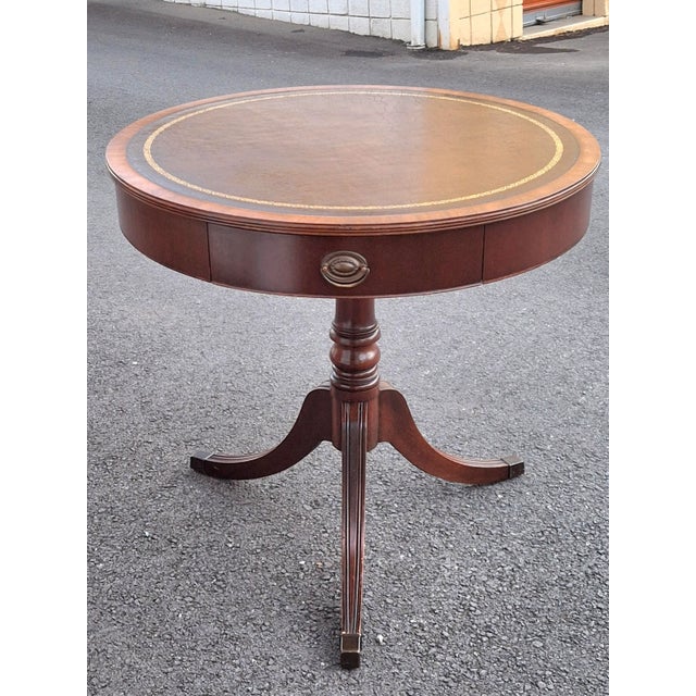 Georgian Style Mahogany and Tooled Leather and Stenciled Top Drum Table C. 1930s For Sale In Washington DC - Image 6 of 16