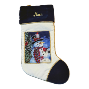 Vintage Velvet & Wool Needlepoint Snowman Christmas Stocking