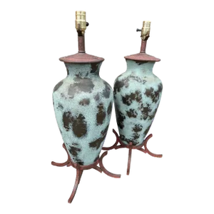 Asian Style Iron & Ceramic Verdigris Lamps - a Pair