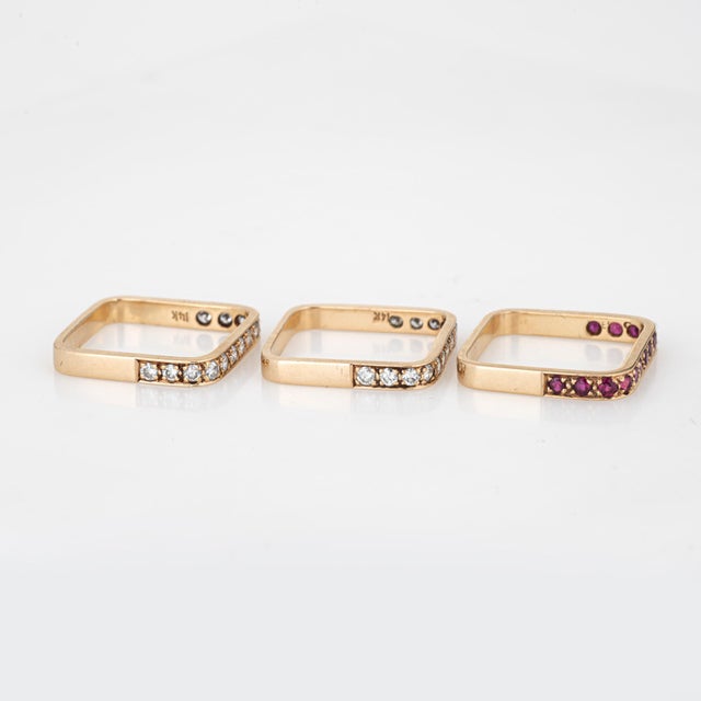 Mid 20th Century 14k Yellow Gold Diamond Ruby Square Stacking Rings ...