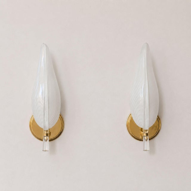1970s Wall Lights Murano Glass Leaf Sconces Brass by Franco Luce - Pair For Sale - Image 4 of 8