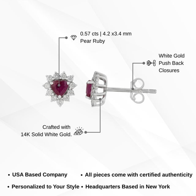 Heart-Cut Ruby & Diamond Floral Halo Stud Earrings in 14k White Gold- A Pair For Sale - Image 11 of 14