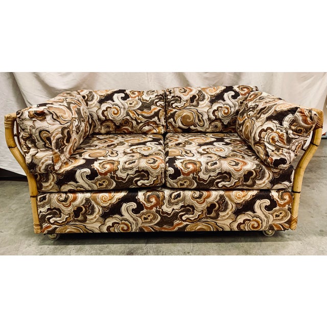 Rare Vintage 1980s Rattan and Bamboo Loveseat Sofa in the Style of Gervasoni With Original Upholstery For Sale - Image 12 of 12