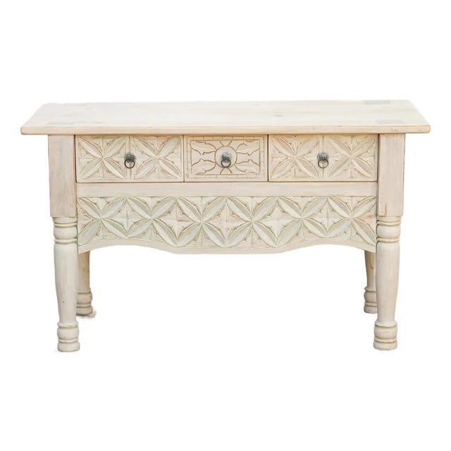 Reclaimed Wood Whitewash Carved Nahuala Console For Sale