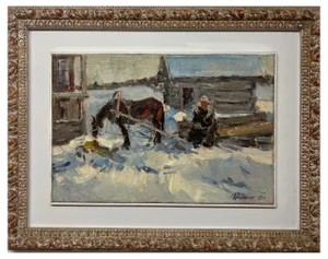 Leonid Vaichilia, Horses in Winter, Oil Painting, 1971, Framed