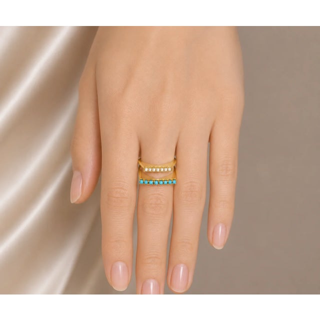 Modern 14K Yellow Gold Turquoise & Seed Pearl Dual Band Ring For Sale - Image 3 of 3