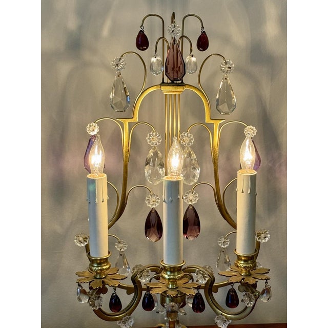 French Pair Antique Bronze French Amethyst Crystal Candelabra Lamp Girandoles Lyre Back For Sale - Image 3 of 8