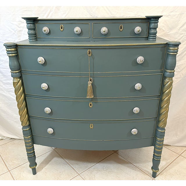 Hollywood Regency Antique Sheraton Style Bowfront Chest of Six Drawers With Locks and Key, New Paint and Knobs For Sale - Image 3 of 18