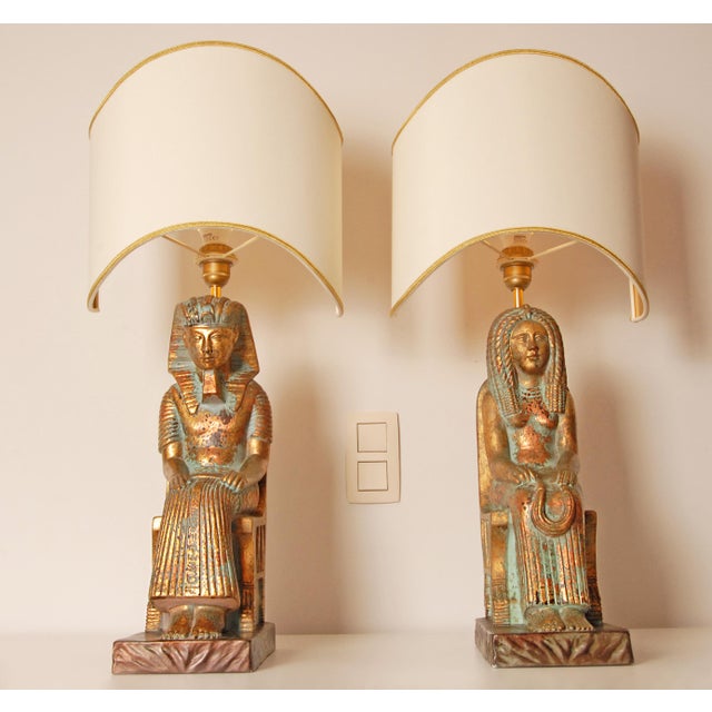 Mid-Century Modern Vintage Italian Lamps Ceramic Figural Table Lamps King Tut and Cleopatra - A Pair For Sale - Image 3 of 13