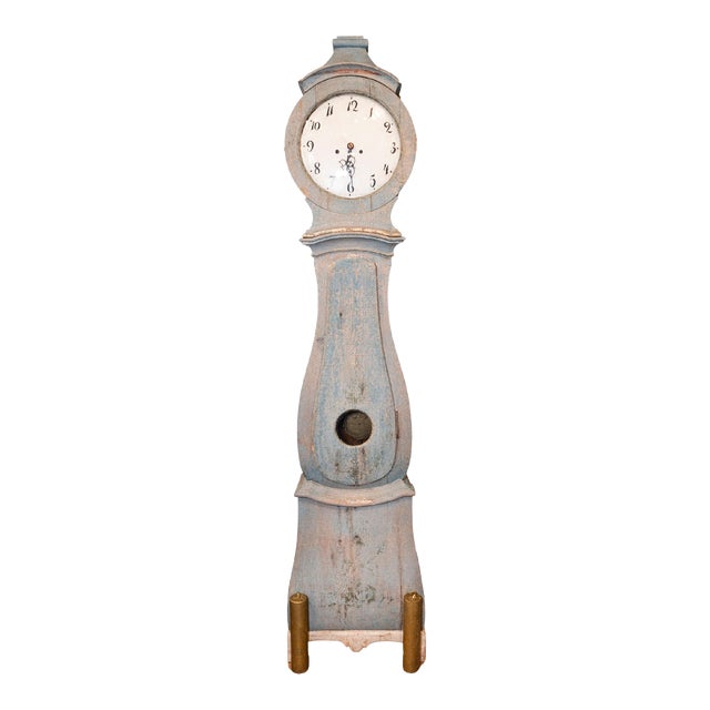 Swedish 1790s Long Case Mora Clock with Blue Gray Paint and Carved Crest For Sale