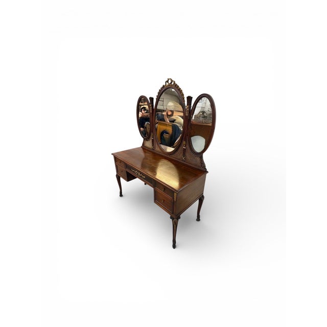 French Louis XV Style Triple Oval Mirror Walnut Vanity & Chair For Sale - Image 4 of 17