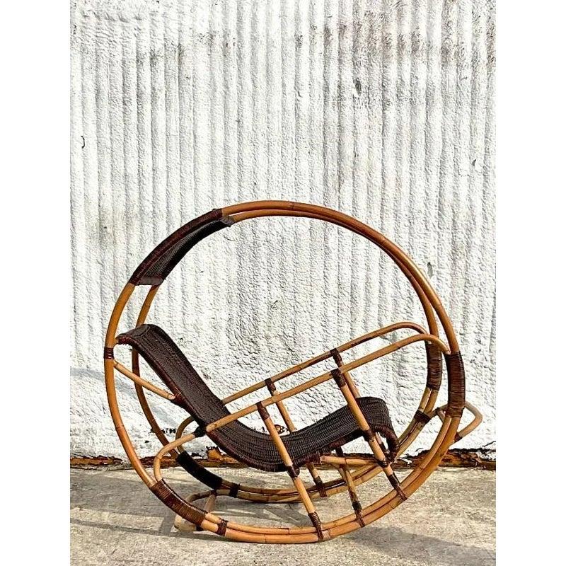 Late 20th Century Vintage Coastal Italian Wrapped Rattan After Franco Bettonica “Donaoldo”:Rocking Chair - Back view