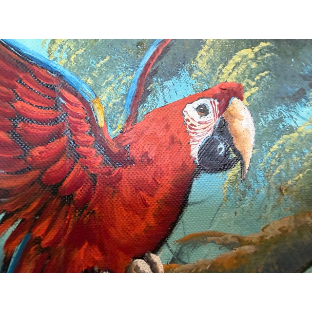 1990s Vintage Tropical Parrot Oil Painting Signed 1996, Colorful Macaws Jungle Scene For Sale - Image 5 of 13