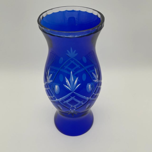 Beautiful Cobalt blue cut to clear baluster form hurricane shade for a candle. Diamond, olive, and Foliate cut designs.