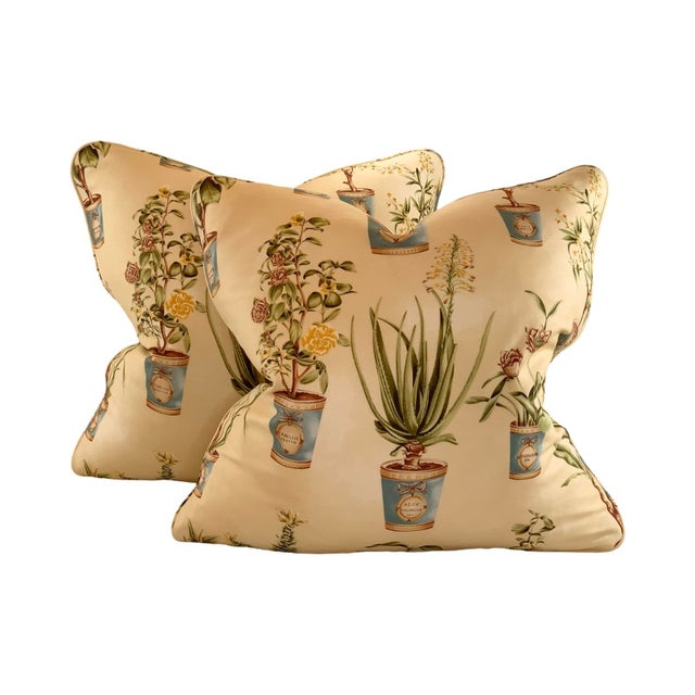 Hand-Printed European Fabricut Vervain Botanique Green Rusty-Red Turquoise Yellow Botanical Potted Floral Pillow Covers- 24" Pair For Sale - Image 10 of 10