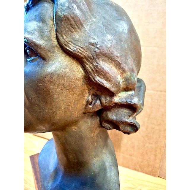 Early 20th-Century Female Bronze Bust on Stand by Oliver Grymes For Sale In San Francisco - Image 6 of 16