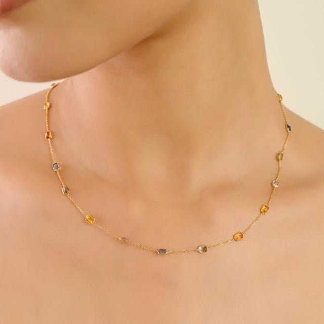 Blue 18k Yellow Gold 4.73 Carat Natural Multi-Color Sapphire Bezel Station Necklace For Sale - Image 8 of 13