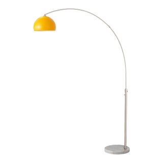 1960s Adjustable Half Dome Floor Lamp - Mid Century Modern, Satin Nickel, White Marble Base, Mustard For Sale