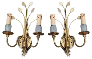 French Crystal and Gilt Metal Sconces, 1970s, Set of 2