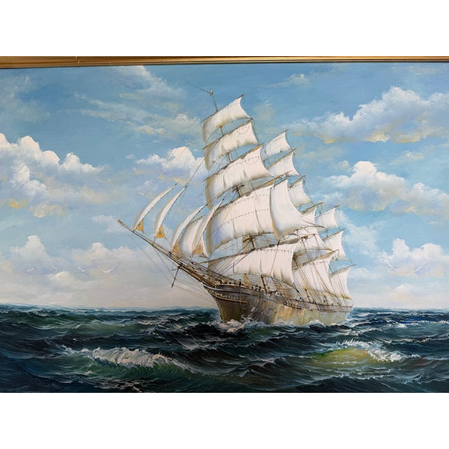 Oil Painting Tall Ship Seascape Maritime Art Sailing Ship Ocean Waves Signed For Sale - Image 10 of 12