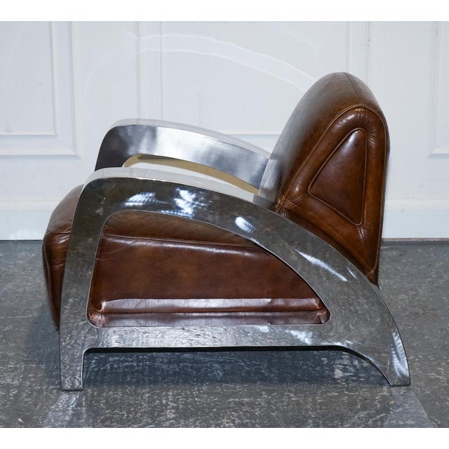 Art Deco French Chrome Aviator Heritage Brown Leather Armchairs, Set of 2 For Sale - Image 15 of 18