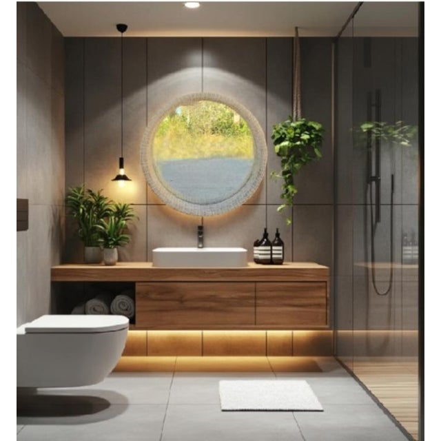 Beige Large Beige Textured Recessed Round Wicker Pottery Barn Style Wall Mirror For Sale - Image 8 of 8