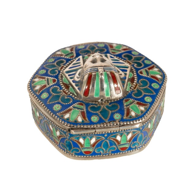 1920s Antique Art Deco King Tut Egyptian Revival Silver Gilt Enamel Cloisonne Box 1925 For Sale - Image 5 of 14