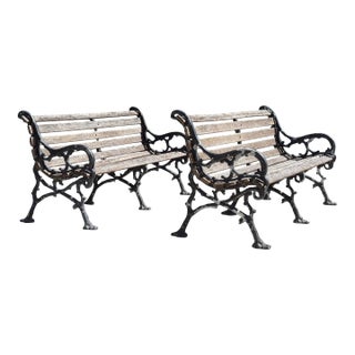 Vintage Ornate Cast Aluminum & Oak Garden Benches, Pair For Sale