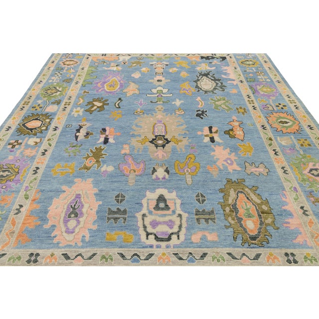Sky Blue Contemporary Modern Oushak Style Hand-Knotted Wool Area Rug in Sky Blue & Pastel For Sale - Image 8 of 12
