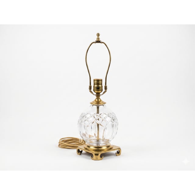 Vintage Waterford Crystal "Maeve" Globe Table Lamp With Shade & Crescent Brass Base For Sale In Atlanta - Image 6 of 6