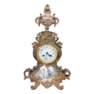 Antique French Louis XV Rococo Sèvres Style Hand Painted Porcelain Mantel Clock For Sale