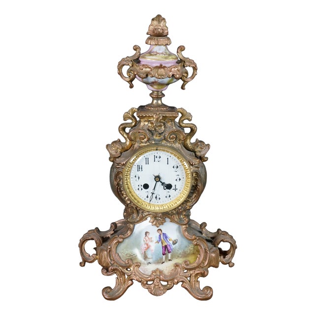 Antique French Louis XV Rococo Sèvres Style Hand Painted Porcelain Mantel Clock For Sale