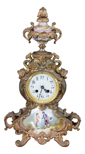 Antique French Louis XV Rococo Sèvres Style Hand Painted Porcelain Mantel Clock
