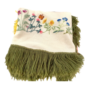 Vintage 1970s Hand Embroidered Wildflowers Throw Blanket with Fringe