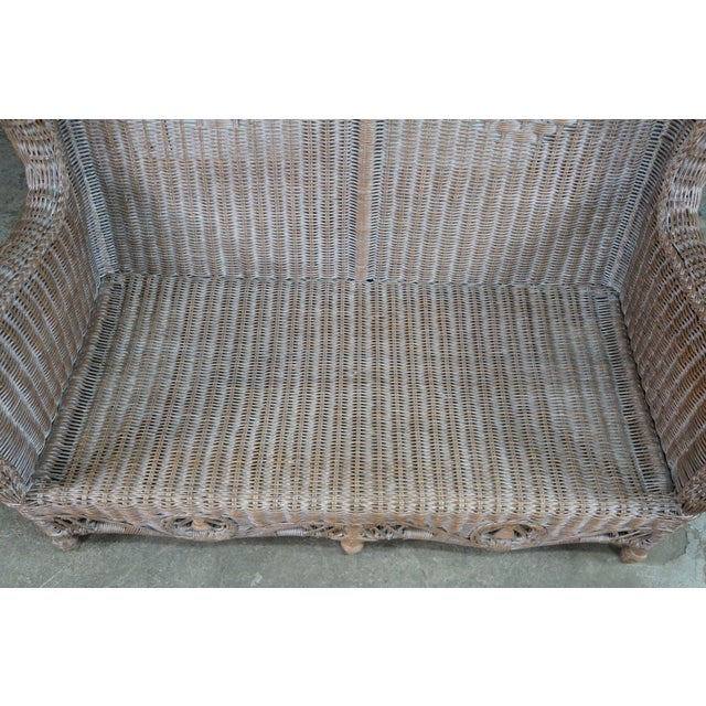 Tan Late 20th Century Victorian Revival Large Woven Wicker Wingback Settee Lounge Bench Loveseat For Sale - Image 8 of 18