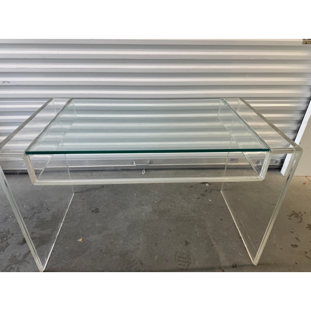 Transparent 1980s Postmodern Lucite Waterfall Vanity Desk With Glass Top Insert For Sale - Image 8 of 12
