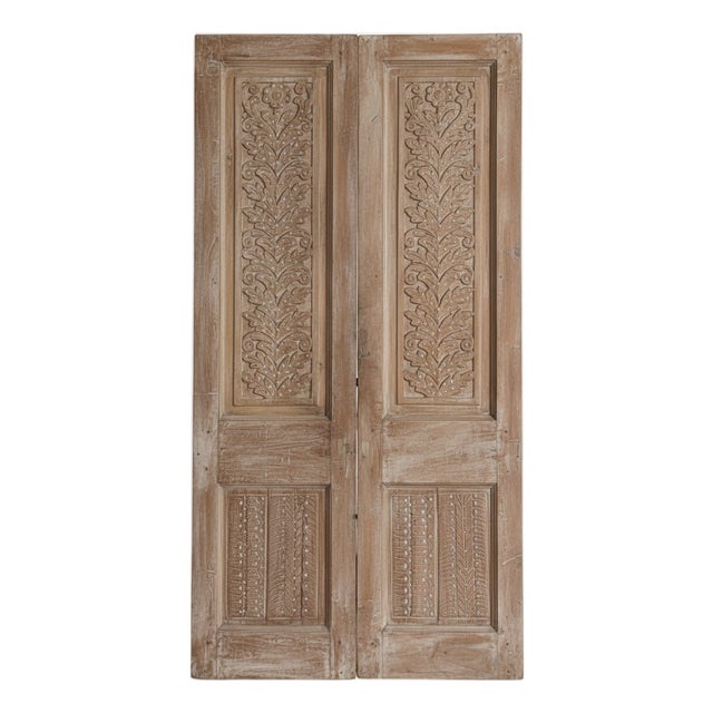 Vintage Carved Double Doors With Brass Studs – Rustic Sliding Barn Door Statement 80x42 For Sale