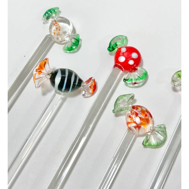 Murano 1980s Murano Style Hand Blown Glass Candy Swizzle Sticks – Set of 6 Cocktail Stirrers For Sale - Image 4 of 9