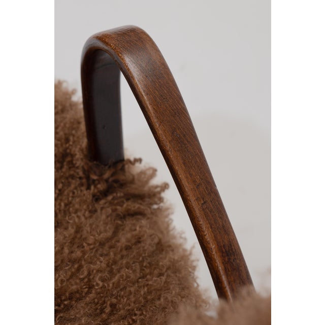 1950s Art Deco Scandinavian Armchairs in Curly Caramel Brown Mongolian Sheepskin, 1950s, Set of 2 For Sale - Image 5 of 11
