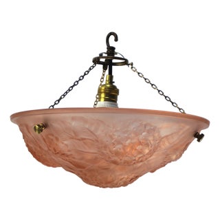 Art Nouveau French Brass and Pink Pressed Glass Pendant Light, 1920s For Sale