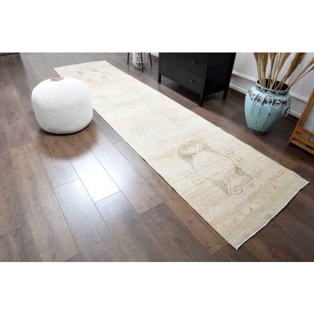 Textile 1970s Vintage Turkish Handmade Wool Cotton Beige Runner Rug For Sale - Image 7 of 11