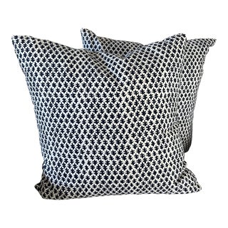 Sister Parish Indigo Burmese Cotton and Linen 22” Pillow Covers- a Pair For Sale